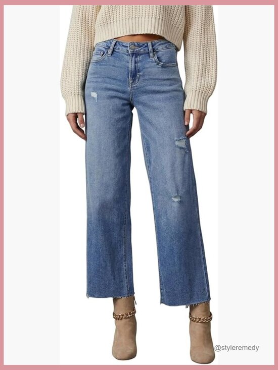 Denim - High Waist Wide Leg Jeans with Stretch Denim